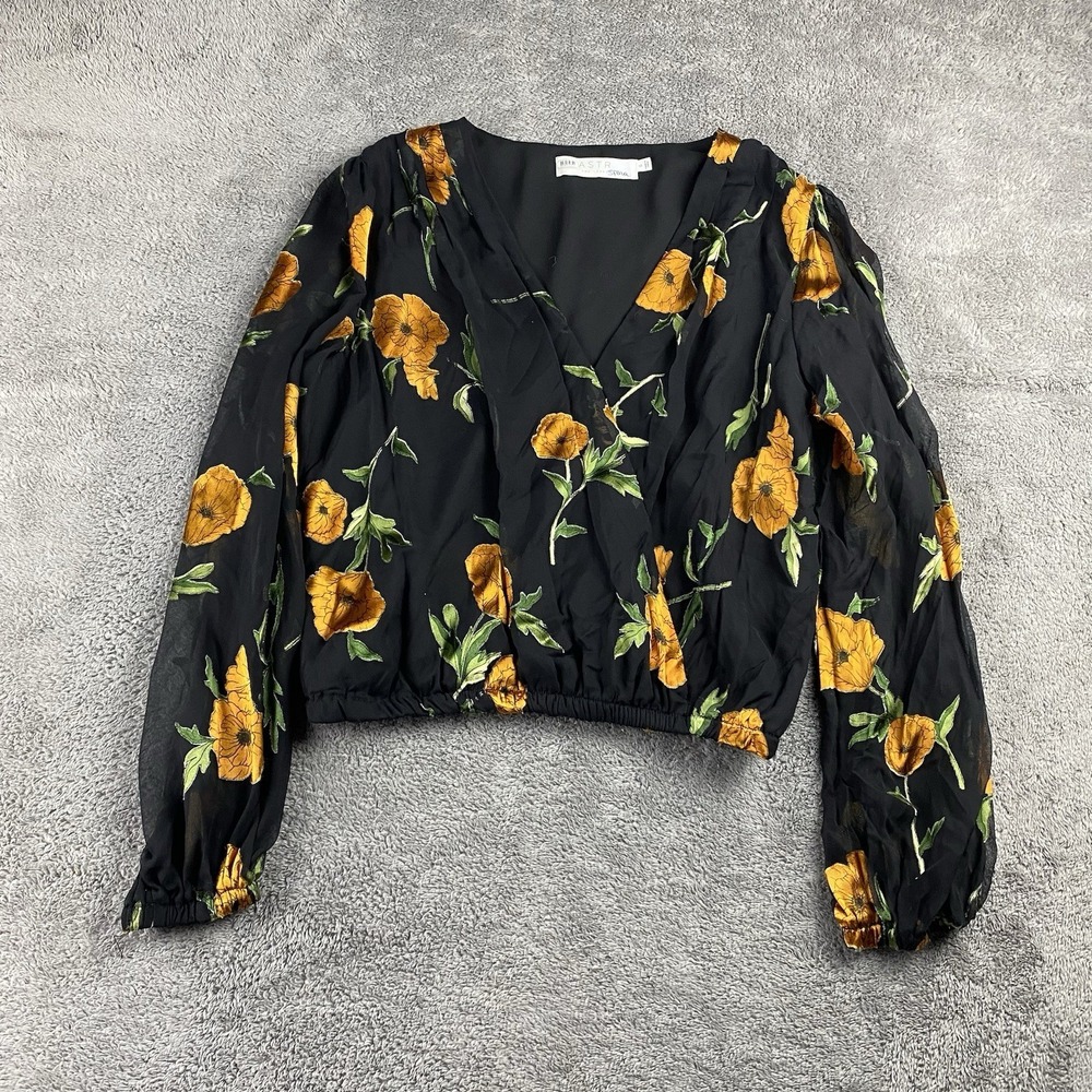 ASTR Shanley Top Orange‎ Blossom Floral Womens Small Black Long Sleeve